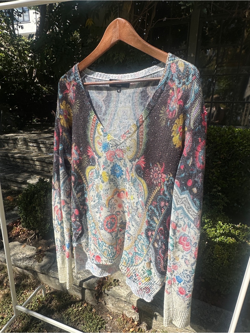 Etro 100% Linen Floral Paisley V-Neck Sweater with Sequin Embellishment